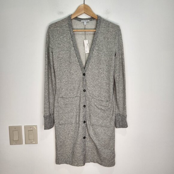 James Perse NWT French Terry Long Striped Cardigan Size 0 (XS) Gray White Button - Picture 2 of 11